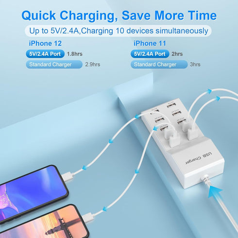 QIONMAR USB Wall Charger, 10-Ports Power Hub Strip, Smart Plug Charging Dock Compatible with iPhone 15, Galaxy S