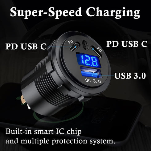 BATIGE 2 Pack Car Charger Socket, Dual 45W PD Type C & 18W QC 3.0 with Voltmeter for 12V/24V Car Boat Marine ATV Bus