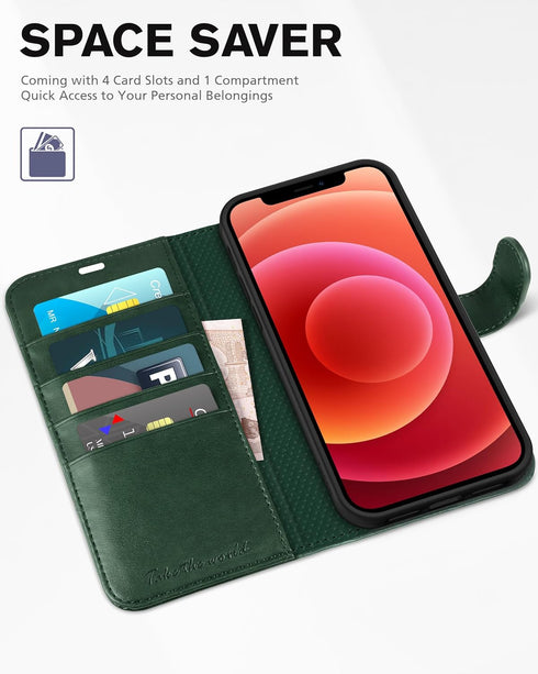 TUCCH Wallet Case for iPhone 12 Pro Max 5G, PU Leather Magnetic Flip Cover, Shockproof TPU Interior, Midnight Green