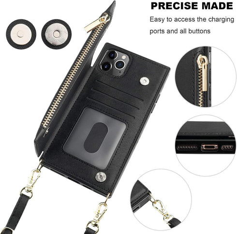 Bocasal Crossbody Wallet Case for iPhone 11 Pro Max, Card Holder, Zipper Card Slot Protector, Shockproof Purse Cover