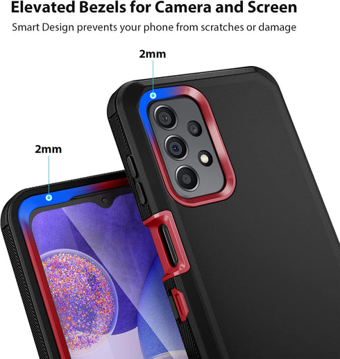 Jiunai Tough Rugged Case for Samsung A23 5G 2022, Shockproof Anti-Dust Dual Layer with Raised Edge - Black Red