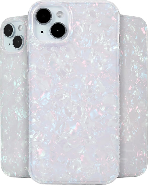 LONLI Hue White Pearl Tort Case for iPhone 15 Plus - 10FT Drop Protection, Shockproof Cover with Color Changing Effect