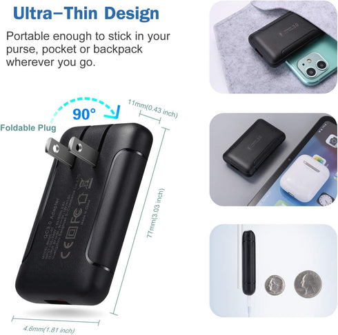 Ultra Slim Flat Portable USB Wall Charger Plug - 2 Pack Black