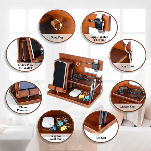awofer Wood Phone Docking Station Nightstand Organizer for Men - Key Holder, Wallet Stand, iWatch Organizer