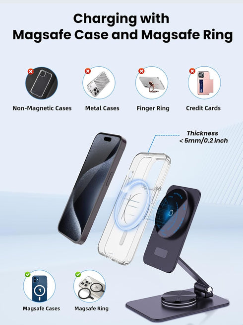 15W MagSafe Charger, Compatible Charging Stand with 360° Rotation, Adjustable Foldable Wireless Charger for iPhone 15