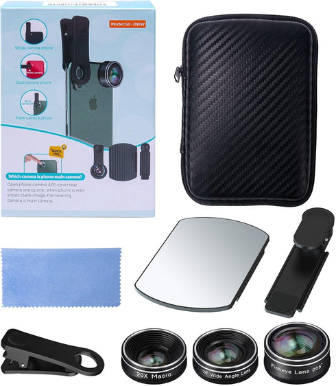 Phone Camera Lens, 198 Fisheye Lens + 120 Super Wide-Angle Lens + 20x Macro Lenses Camera Photography Accessories Kit