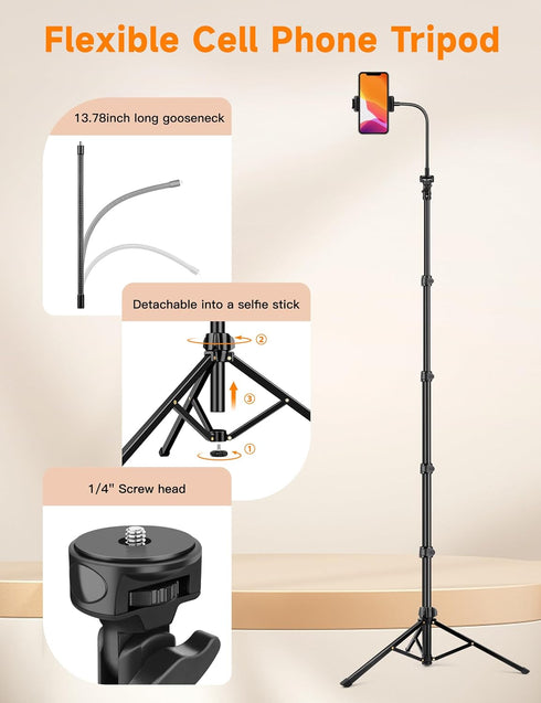 Victiv 84" 14 13 12 Phone Tripod Stand, Tall Flexible Cellphone Tripod for iPhone with Gooseneck Remote, Portable Phone