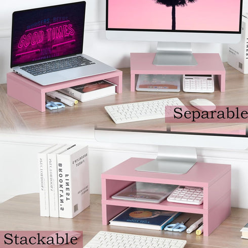 TEAMIX Pink Monitor Stand Riser - 2 Pack Wood 2 Tier Adjustable Stand for Dual Monitors, Laptop, PC