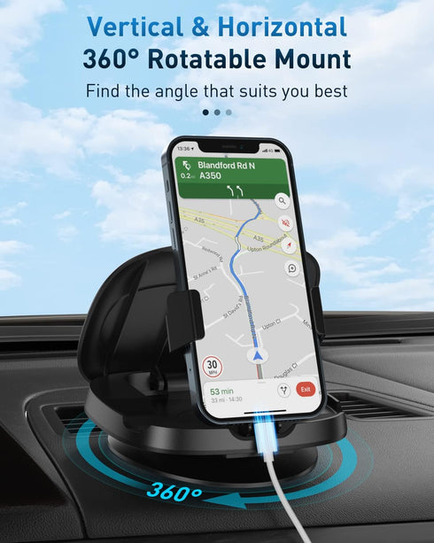 Phone Mount for Car, 360° Rotatable Dashboard Horizontal & Vertical Viewing Cell Phone Holder, Washable Reusable Car Phone Mount, for iPhone Samsung & Smartphones