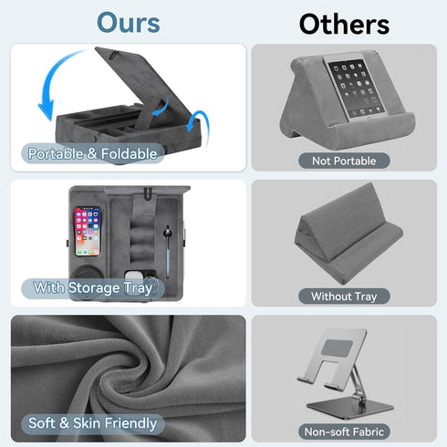 AEWOTING Tablet Pillow Stand for Lap, Bed and Desk, Foldable Soft iPad Holder with Snack Bowl
