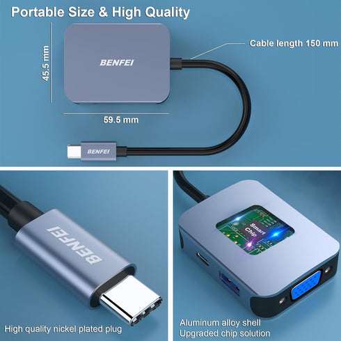 BENFEI USB C HUB 4in1, USB Type-C to HDMI VGA Adapter, USB C to USB Adapter, Power Delivery, Compatible with iPhone 15