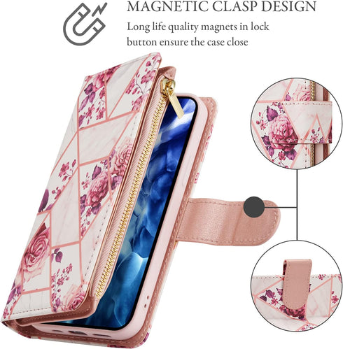 UEEBAI 15, Wallet Case for iPhone PU Leather Case Magnetic Closure Handbag Zipper Pocket Case Kickstand Card Slots
