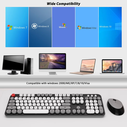 Wireless Keyboard Mouse Combo, 104 Keys Cute Wireless Keyboard with Number Pad for Windows, Grey