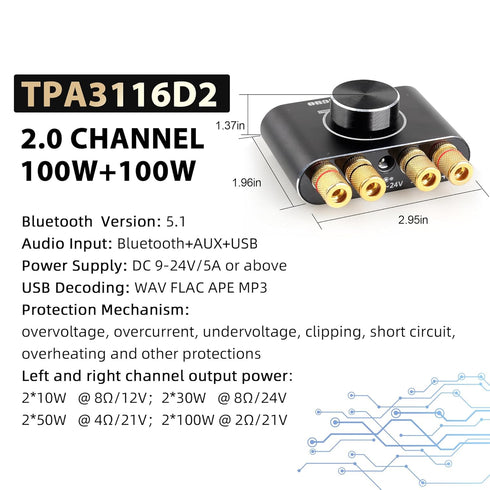 X100H 2.0 100W+100W TPA3116D2 Bluetooth5.1/USB/3.5mm Audio Amplifier Channel Power Amplifier,Supports AUX Input