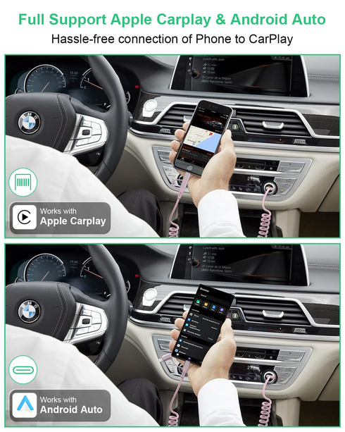 Pink Retractable Car Charger Coiled Lightning Cable, 2 in 1 for Apple Carplay & Android Auto