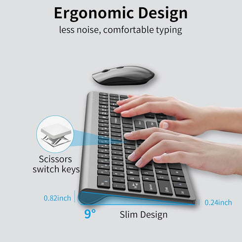 Wireless Keyboard and Mouse Combo, Slim Silent Keyboard and Mouse with USB Mini Receiver, Ergonomic Full-Size - Space