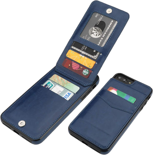 KIHUWEY iPhone 7/8 Plus Case Wallet, Premium Leather with Credit Card Holder, Heavy Duty Protective Cover (Blue)