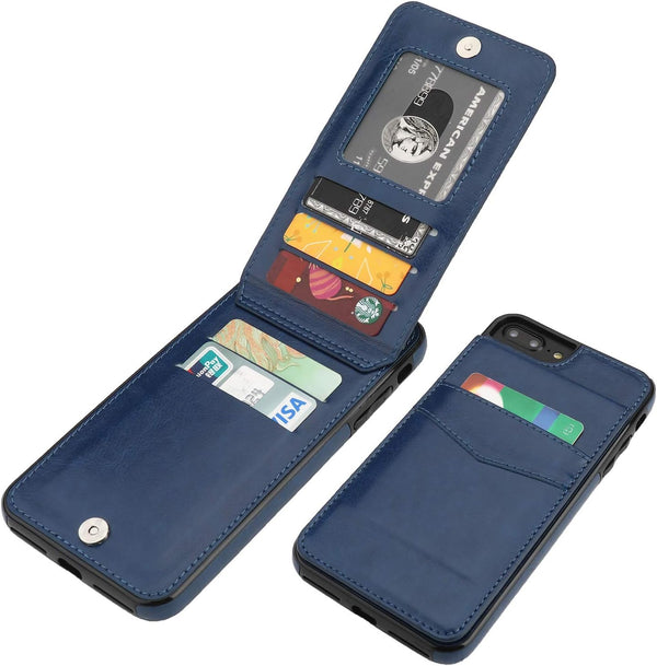KIHUWEY iPhone 7/8 Plus Case Wallet, Premium Leather with Credit Card Holder, Heavy Duty Protective Cover (Blue)