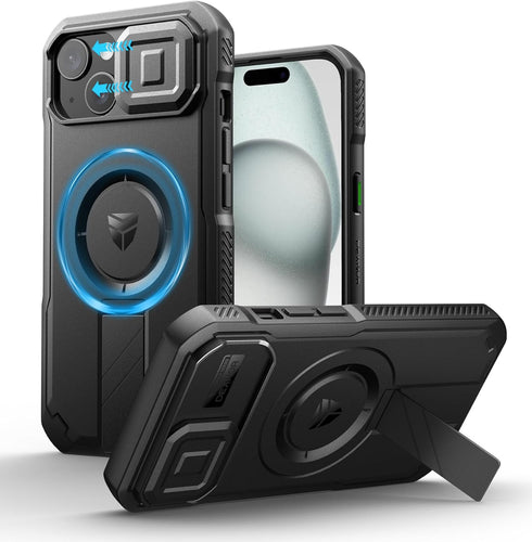 Dexnor for iPhone 15 Case with Slide Camera Cover & Adjustable Kickstand, Compatible