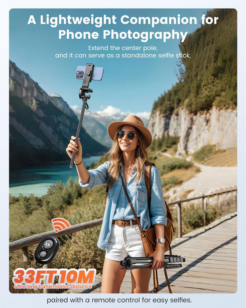 73" Phone Tripod with Horizontal Overhead, Selfie Stick/Tall Travel Tripod Stand with Wireless Remote and Holder