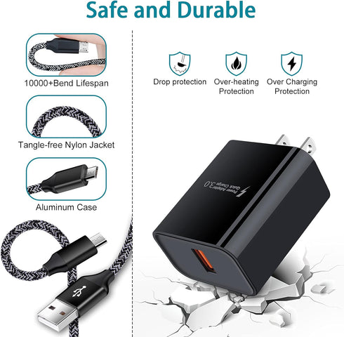 Adaptive Fast Charger for Samsung Galaxy S7 Edge, S6, S5, J3, J7, Moto G5, LG Stylo, 3ft Fast Charging Micro USB