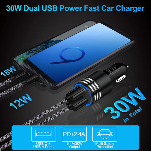 30W USB C Car Charger, PD 3.0 & 2.4A Dual Port Fast Charging Adapter for iPhone 15 Pro Max 15 Plus 14 13 12