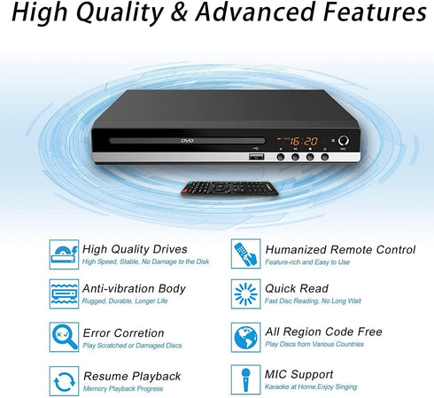 X W EI UNION 128G Home DVD Player TV CD Player Compact DVD Player Supports NTSC/PAL System with RCA Stable Outputs/USB