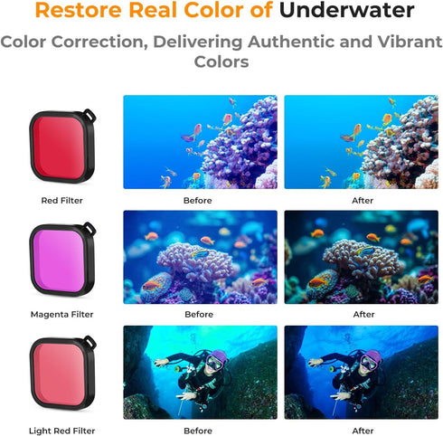 K&F Concept Waterproof Case with Dive Filters for GoPro Hero 12/11/10/9 Black, Protective Underwater Dive Housing