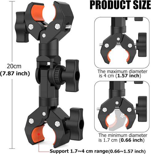 Double Clamp Mount Bracket Magic Arm with 1/4" Screw, Double Camera Clamp for Umbrella, Light Stand, Bike, Photography