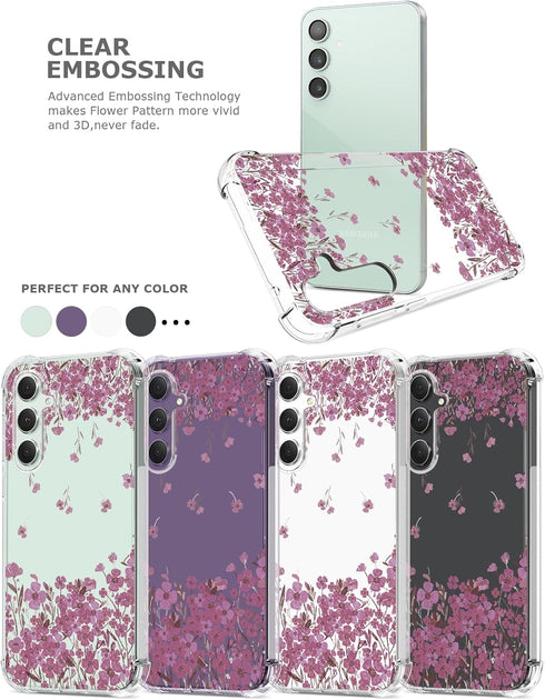 Floral Clear Case for Galaxy S23 FE, Pretty Flower Design Slim Soft Transparent TPU Protective Bumper Case for Women