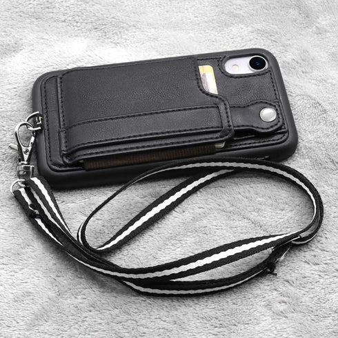 TOOVREN iPhone XR Wallet Case with Strap, Protective Cover with Stand, Adjustable Detachable Lanyard, Black