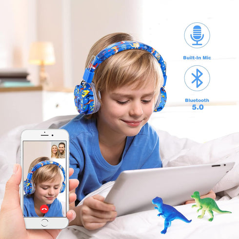 QearFun Dinosaur Headphones for Boys Kids, Bluetooth Headphones with Microphone & 3.5mm Jack, Adjustable Headband for
