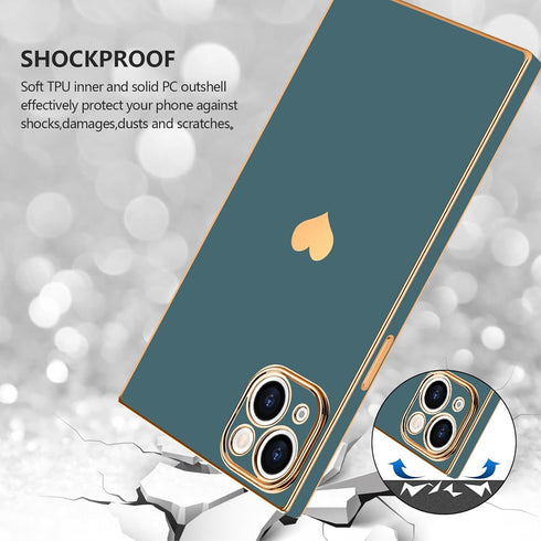 iPhone 13 Case, Square Luxury Plating Gold for Women Girls, Cute Love Heart Pattern Cover - Grey