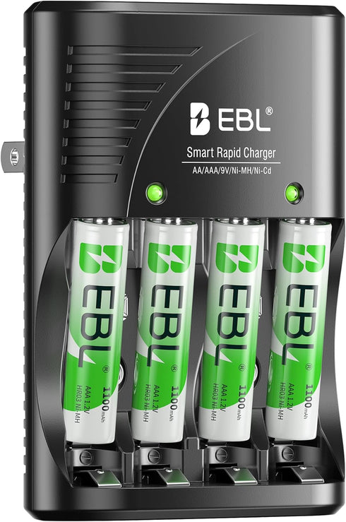 EBL Rechargeable AAA Batteries 4 Packs, Battery Charger with Foldable AC Power Plug