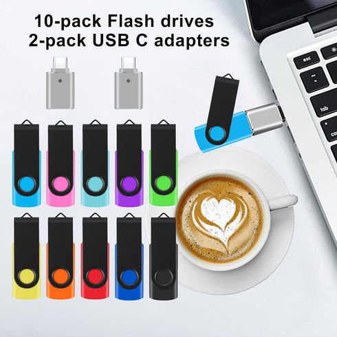 WesData 10 Pack 4GB 2 (10 Flash Drives with USB C Adapters, Thumb Drive, Memory Stick Compatible with PC, Laptops, Mac