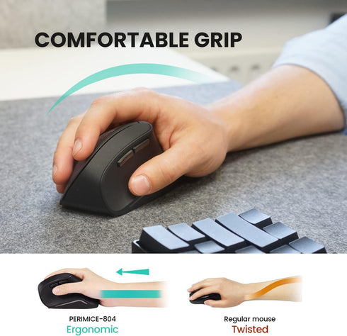 Perixx PERIMICE-804 Bluetooth Vertical Mouse, Black, Bluetooth Connection for Windows and Android, No USB Receiver