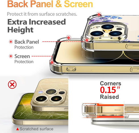 iPhone 13 Pro Max Case with Screen Protector, Floral Clear Shockproof Soft TPU Bumper Cover 6.7 Inch (Lavender/Purple)