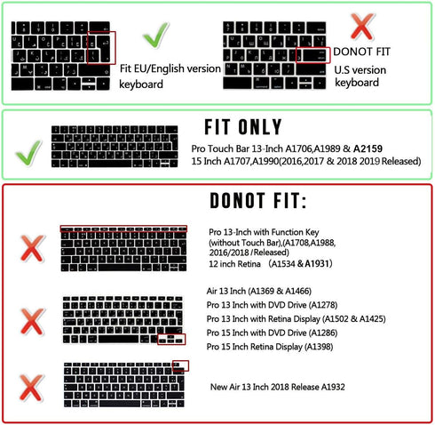 Silicone Keyboard Cover for MacBook Pro 13 15 inch 2019 2018 2017 2016 with Touch Bar, European Version, Model: A2159