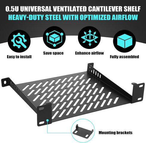 ElaraBerry 1 Pack 0.5u 7.87" 10" Server Rack Shelf Deep Ventilation Rackmount Cantilever Tray Bracket for Network