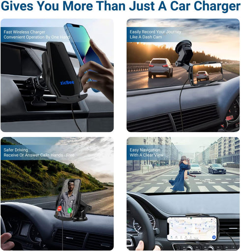 15W Wireless Car Charger - zicBee Qi Fast Charging Auto Clamping Phone Holder for iPhone 15/14/13/12/11 and Samsung