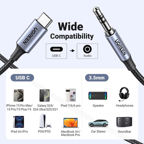 UGREEN Hi-Fi Stereo USB C to 3.5mm Audio Adapter, 10FT Male Cord for iPhone 15 Pro Max, Galaxy S23/S24 Ultra, Grey.
