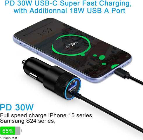 30W USB C Fast Car Charger with 3ft Cable for Samsung Galaxy S24/S23/S22/S21/S20+ and iPhone 15 Plus Pro Max