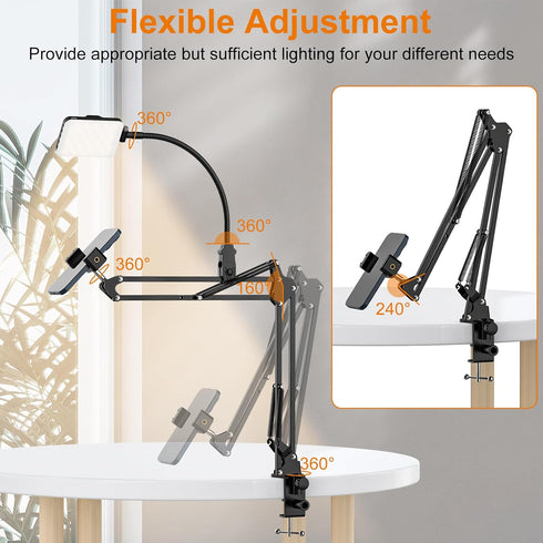 Overhead Phone Mount with 60 LED Light: Portable Selfie Light and Phone Holder for Desk, Camera Mount Arm Stand for