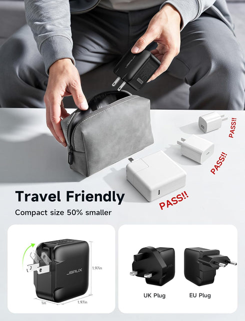 JSAUX 65W 3-Port 6.6FT 17, 2, USB C Wall Charger, GaN Fast Charger Block with Foldable Plug, Includes USB C Cable
