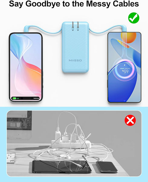 miisso Ultra Slim 10000mAh Power Bank with Built-in Cables, Pocket Size USB C Portable Charger