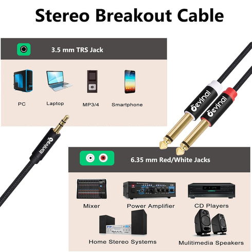 Devinal 3.5mm TRS to Dual 1/4" (6.35mm) TS Y-Cable, 1/8" to Two 6.35mm Mono Stereo Splitter Cord, 3FT