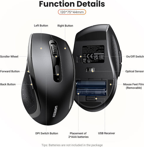 UGREEN 2.4GHz 1600 Wireless Mouse Ergonomic DPI USB Receiver Compatible with Windows Mac Linux Chromebook Laptop PC