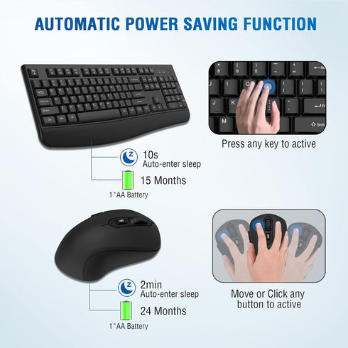 Wireless Keyboard and Mouse Combo, Full-Sized 2.4GHz Wireless Keyboard with Optical Mouse for Windows, Mac OS,