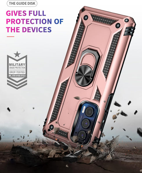 Moto Edge 2021 Case with Screen Protector, Military Grade 16ft Drop Tested Cover with Magnetic Kickstand, Rose Gold