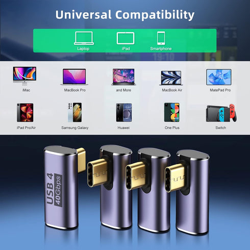USB C Right Angle Adapter (4 Pack), 90 Degree Adapter with 8K 60Hz Video 40 Gbps Data Transfer for Thunderbolt 3/4
